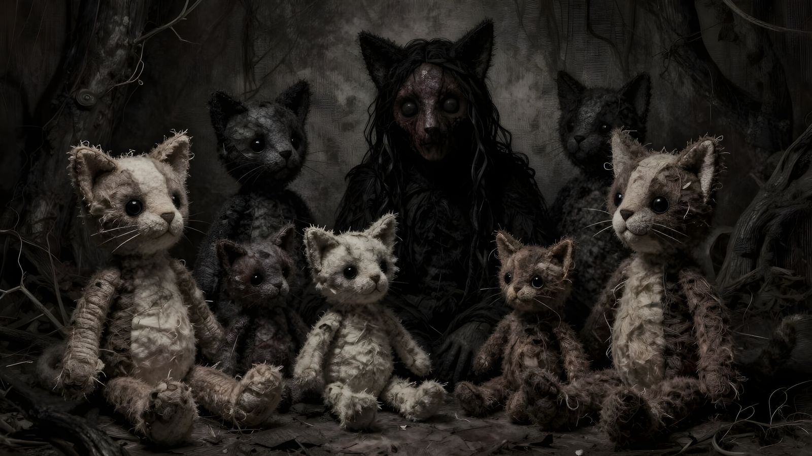 Creepy Faceless Cat Family in Horror Style