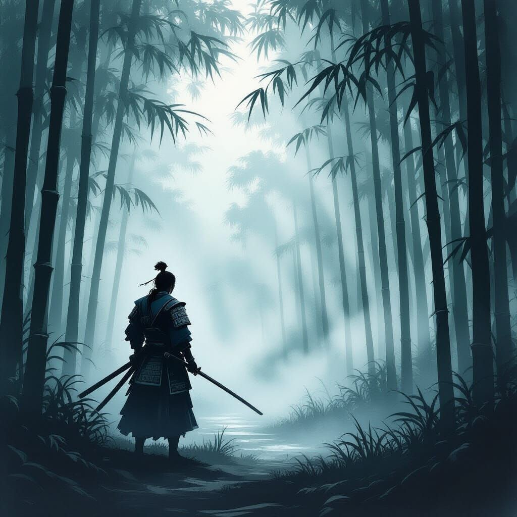 Samurai Warrior in Misty Bamboo Forest, Sumi-e Style