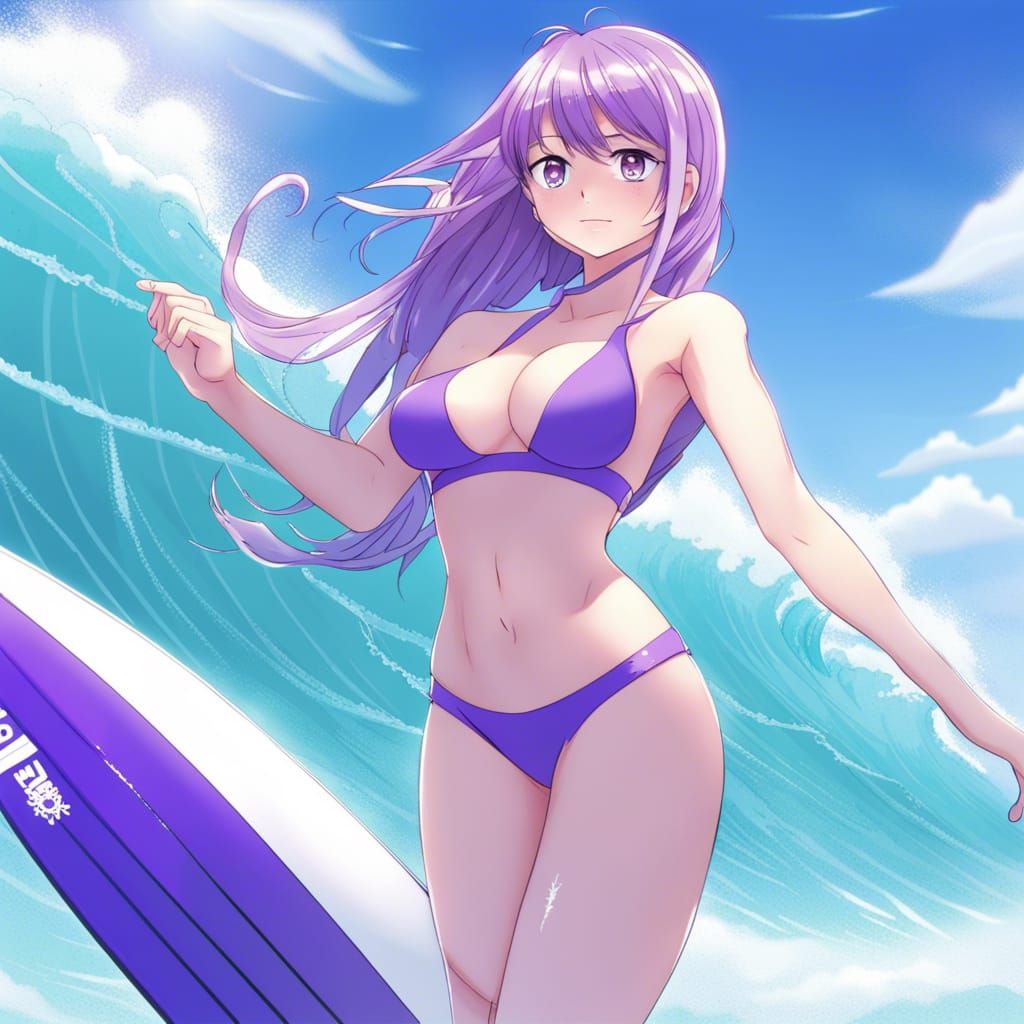 Anime Girl Surfing in Purple Bikini