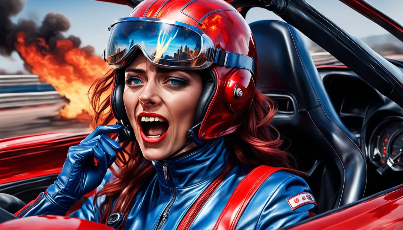 Racing Girl Screaming in Burning Car: Hyperrealistic Splash ...