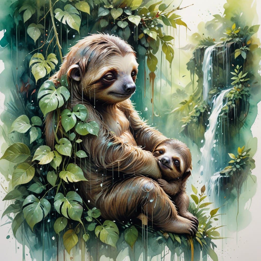 Sloths in Rain-washed Glade, Impasto Oil Painting