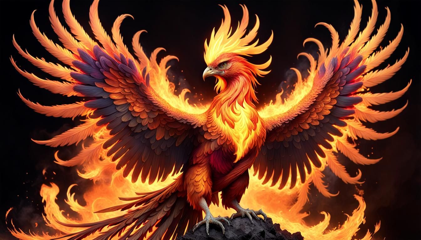 Majestic Phoenix Rising from Ashes in Fiery Display