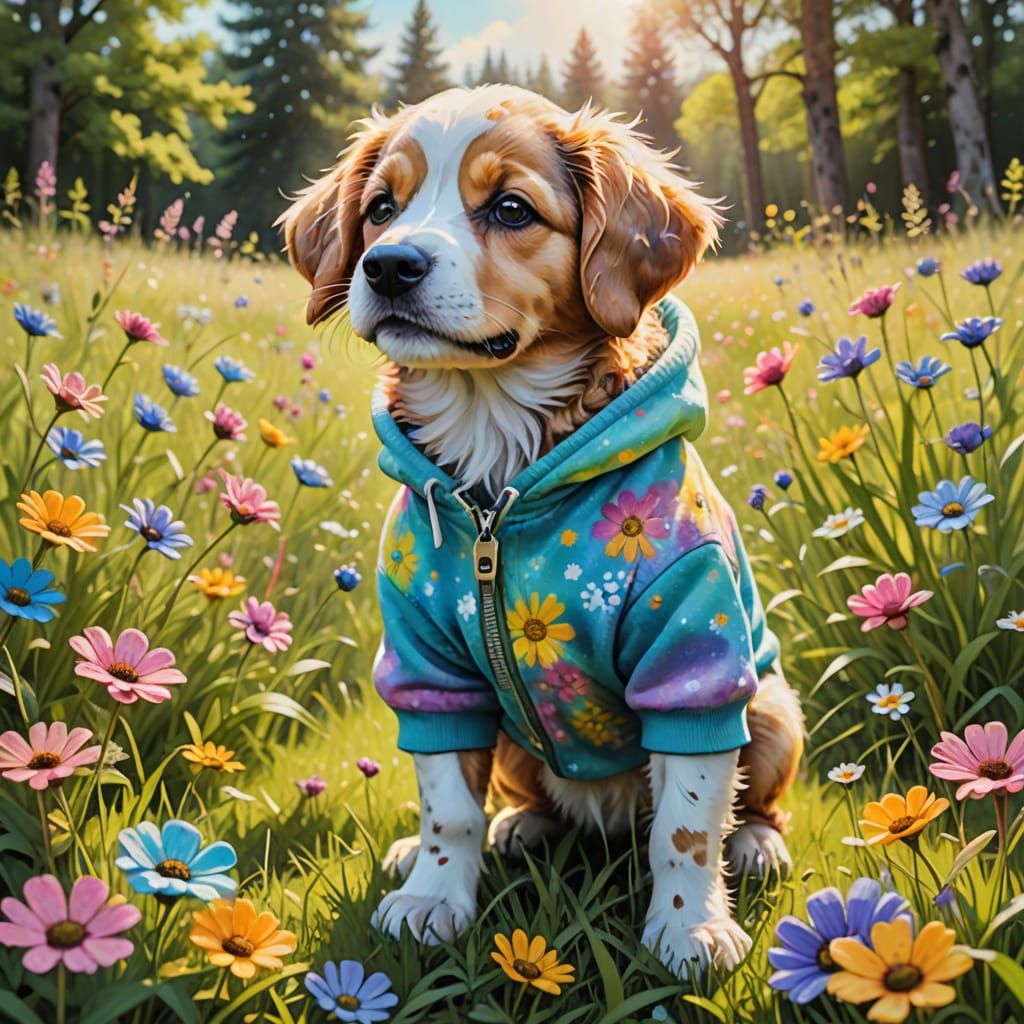 Puppy in Tie Dye Hoodie Frolicking in Meadow