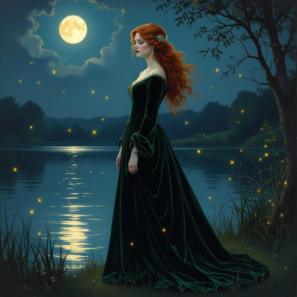 Regal Woman by Moonlit Lake with Fireflies