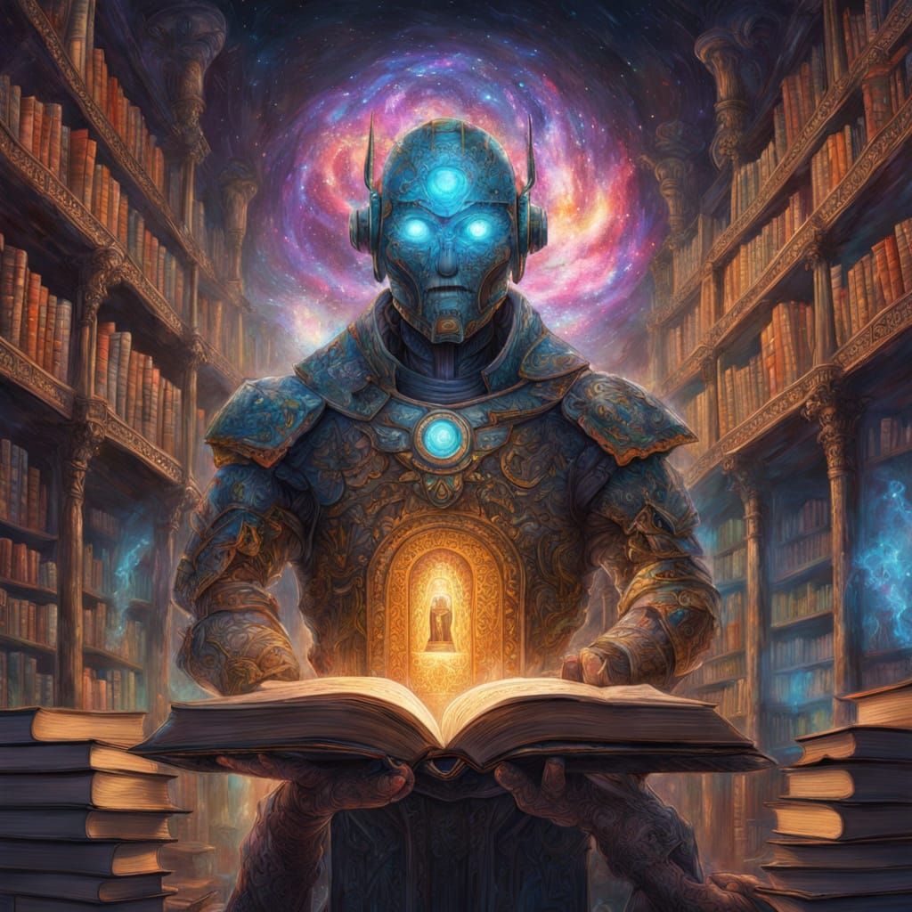 Android in Ancient Library with Nebula and Holograms