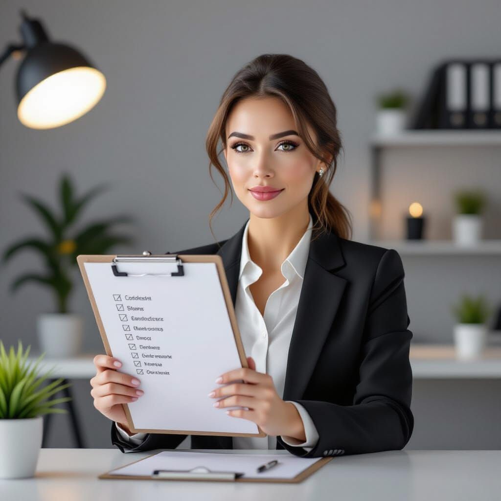 Hyperrealistic Woman With Checklist and Minimalist Desk