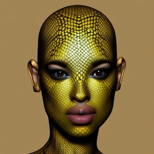 Intricate Lizard Woman Portrait in Black and Yellow