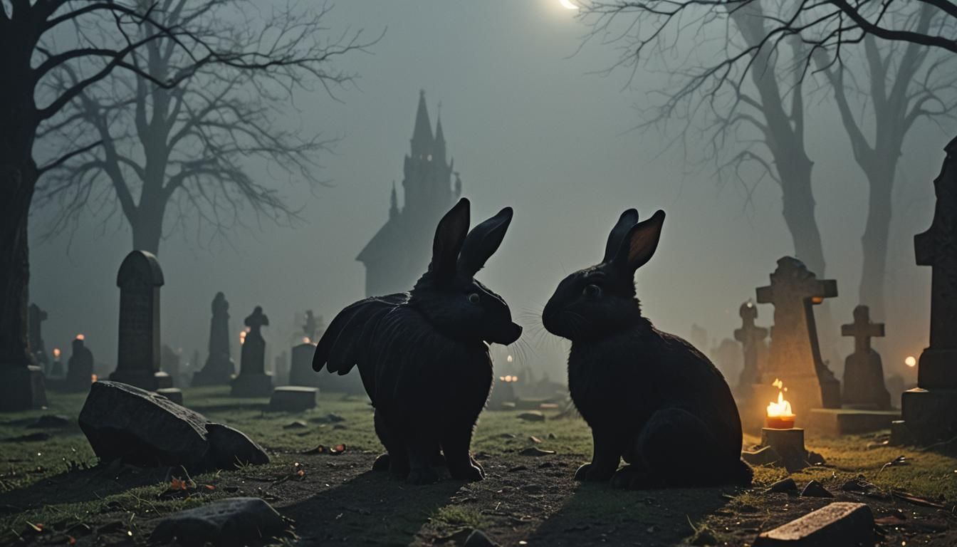 Eerie Bunny Munches Carrot in Misty Graveyard