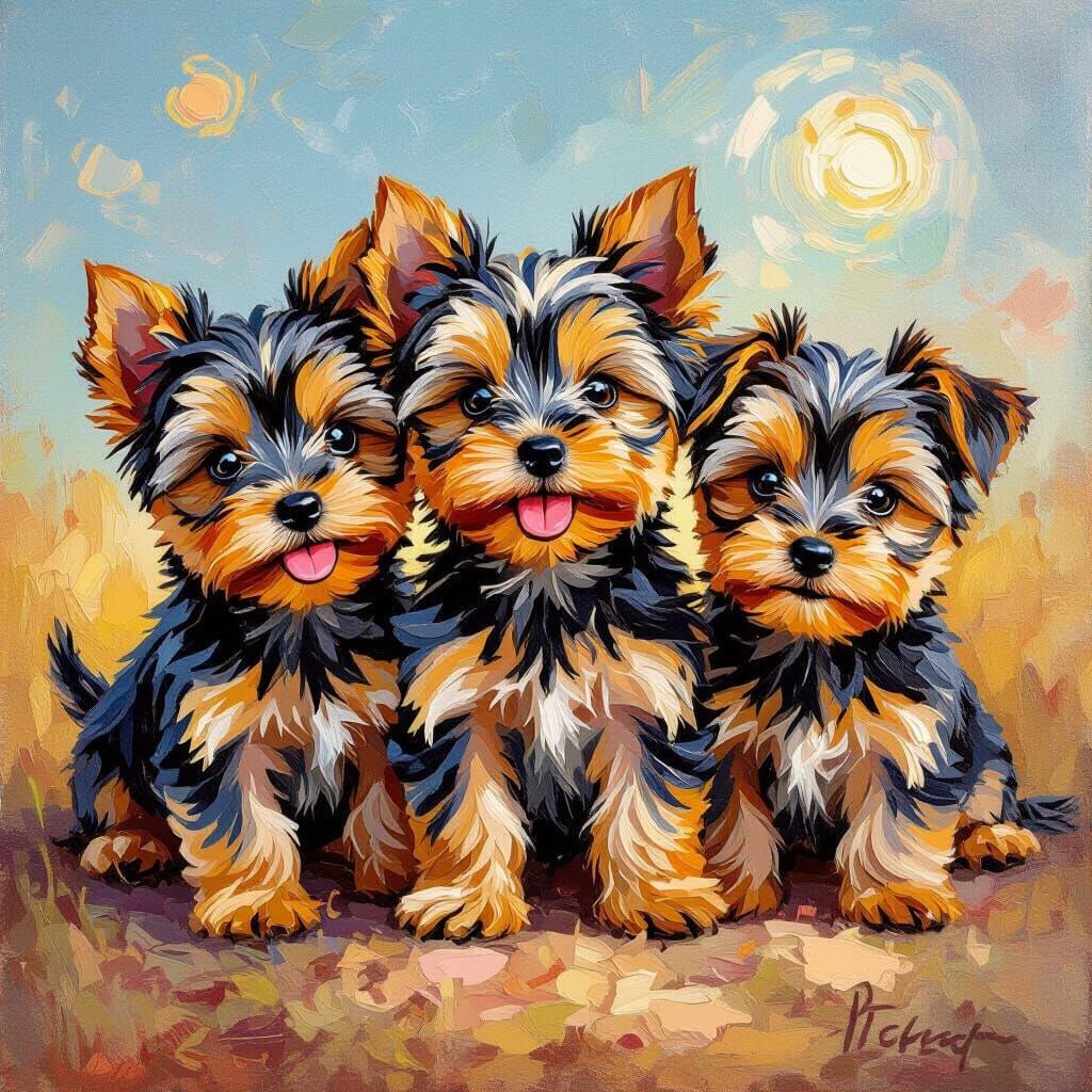 Three Yorkshire Terrier Puppies in Golden Hour Impasto Paint...