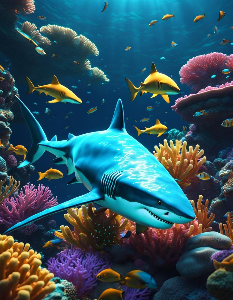 Vibrant Bioluminescent Shark in Coral Reef: 8K