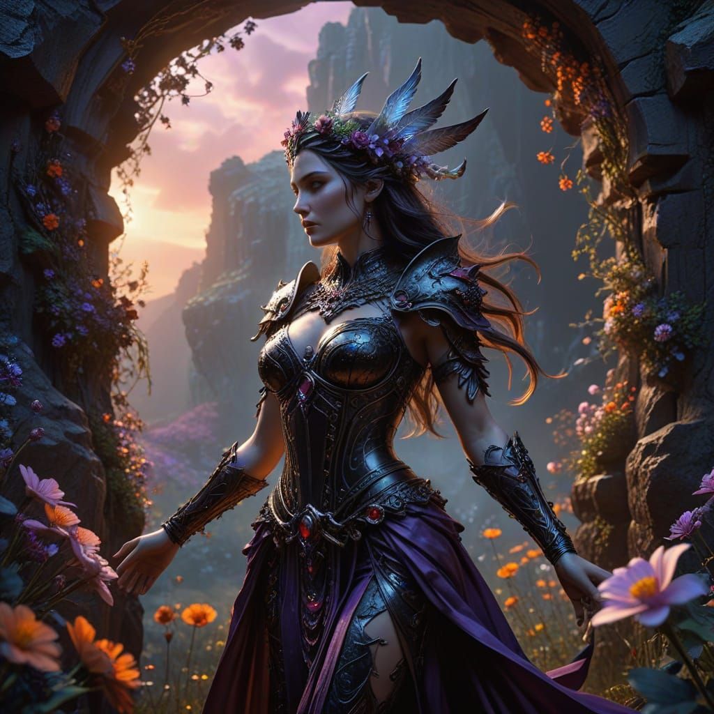 Persephone and Hades at Underworld Entrance, Dusk Meadow