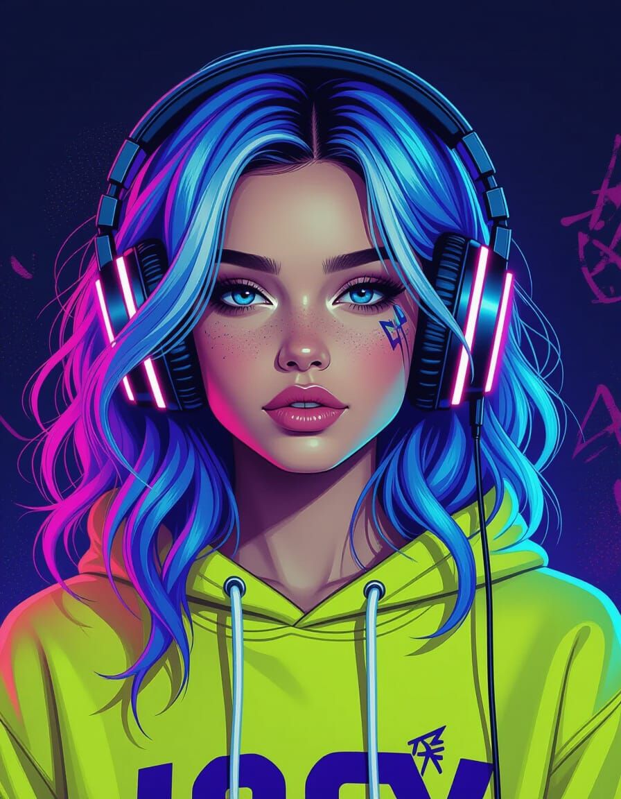 Woman with Neon Hair in Vibrant Digital Art Style