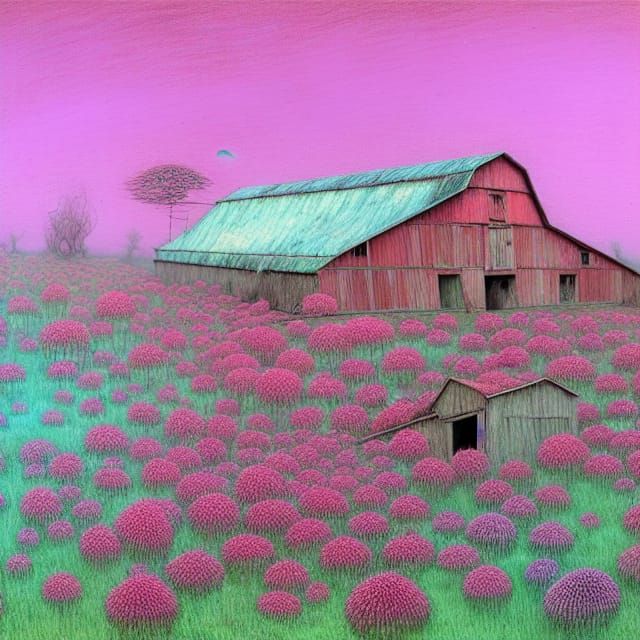 Abandoned Dahlia Barn in Surrealist Style