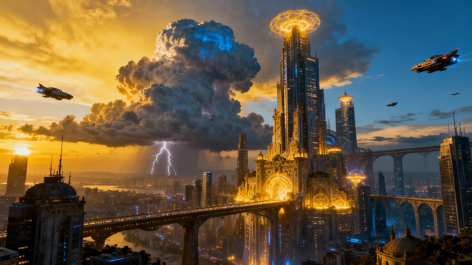 Futuristic Cityscape at Twilight with Magic Structures