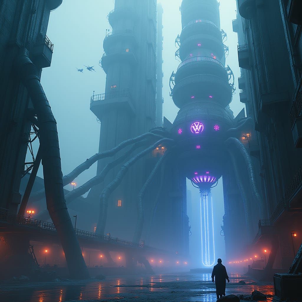 Cyberpunk Alien Factory with Neon Lights