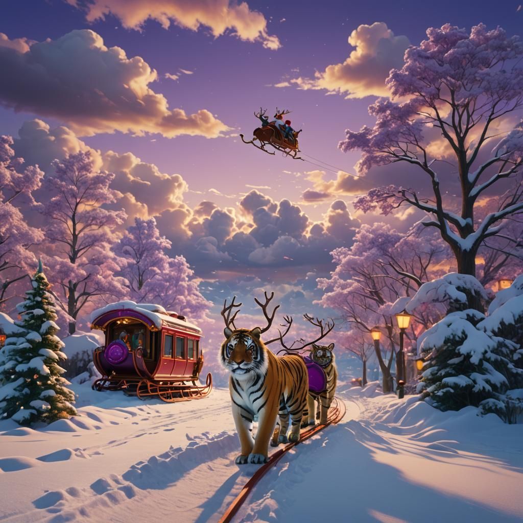 Santa's Sleigh Pulled by Tigers in Triadic Colors