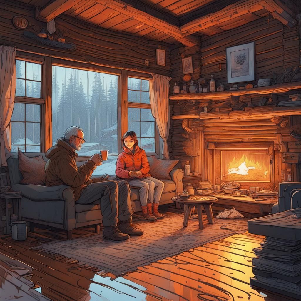 Cozy Cabin Scene in Colored Ink Style
