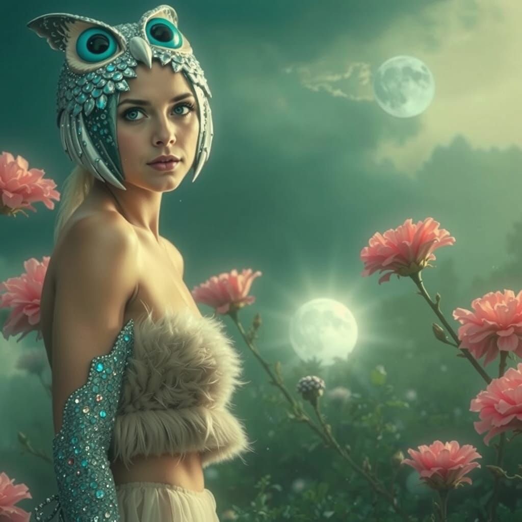 Majestic Owl Sorceress Amidst Blooming Flowers