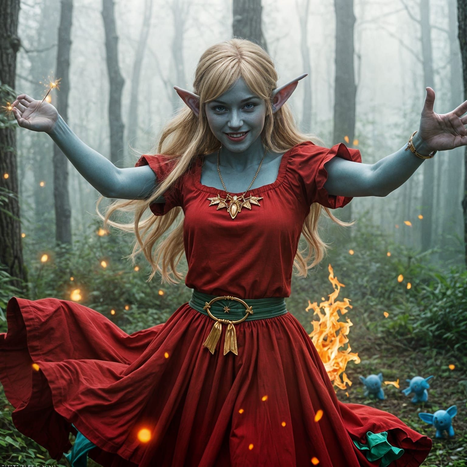 Blue-Skinned Woman Dancing in a Foggy Forest