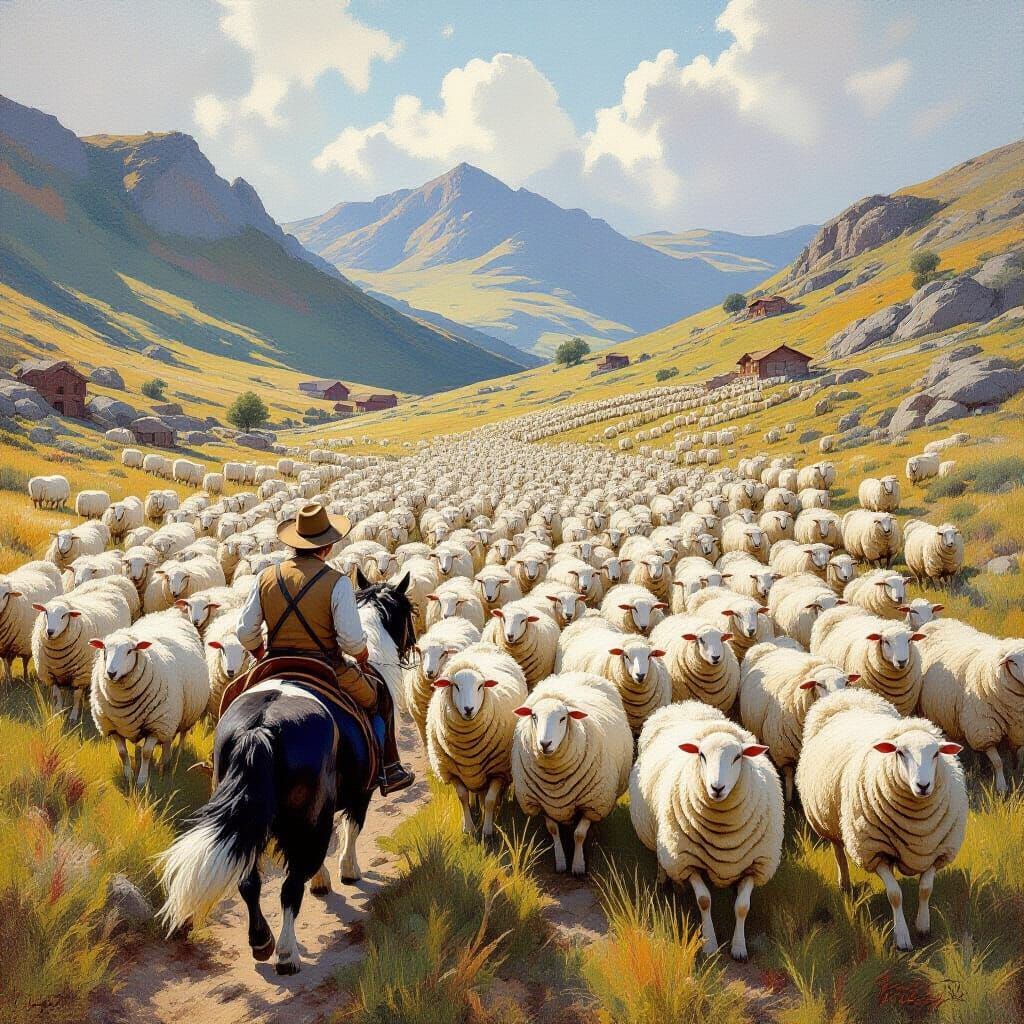 Border Collie and Farmer Herding Sheep: Oil Painting