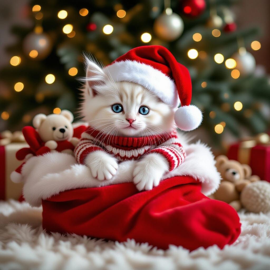 Fluffy Kitten in Stocking: Hyperrealistic Christmas Scene