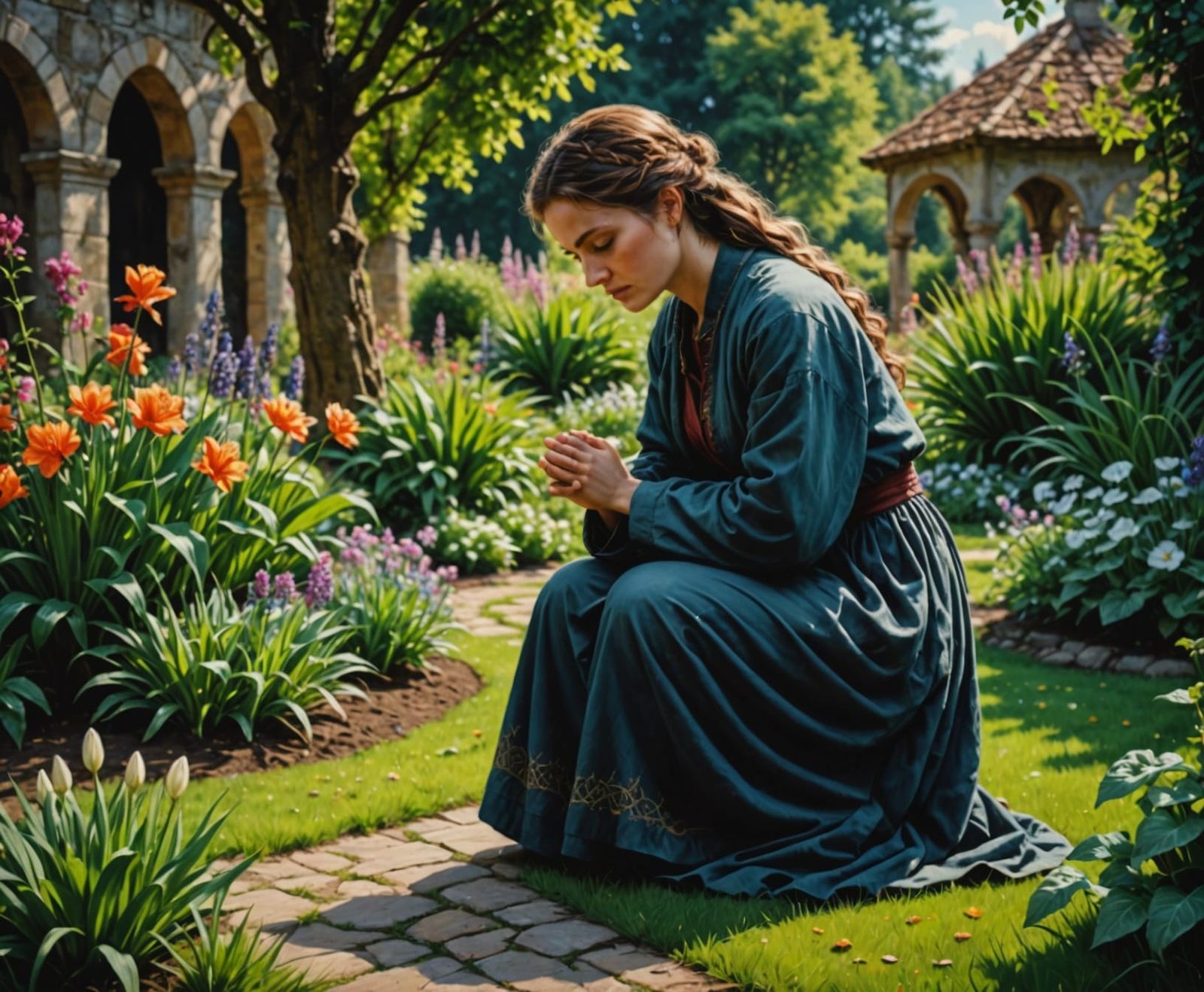 Woman Praying in Garden: Hyperrealistic Digital Art