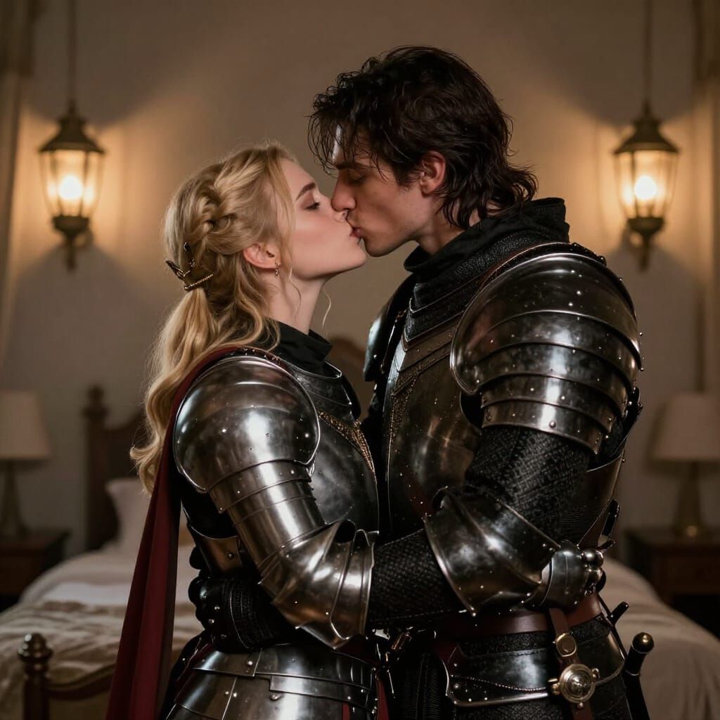 Knight and Soldier's Passionate Kiss in Armor