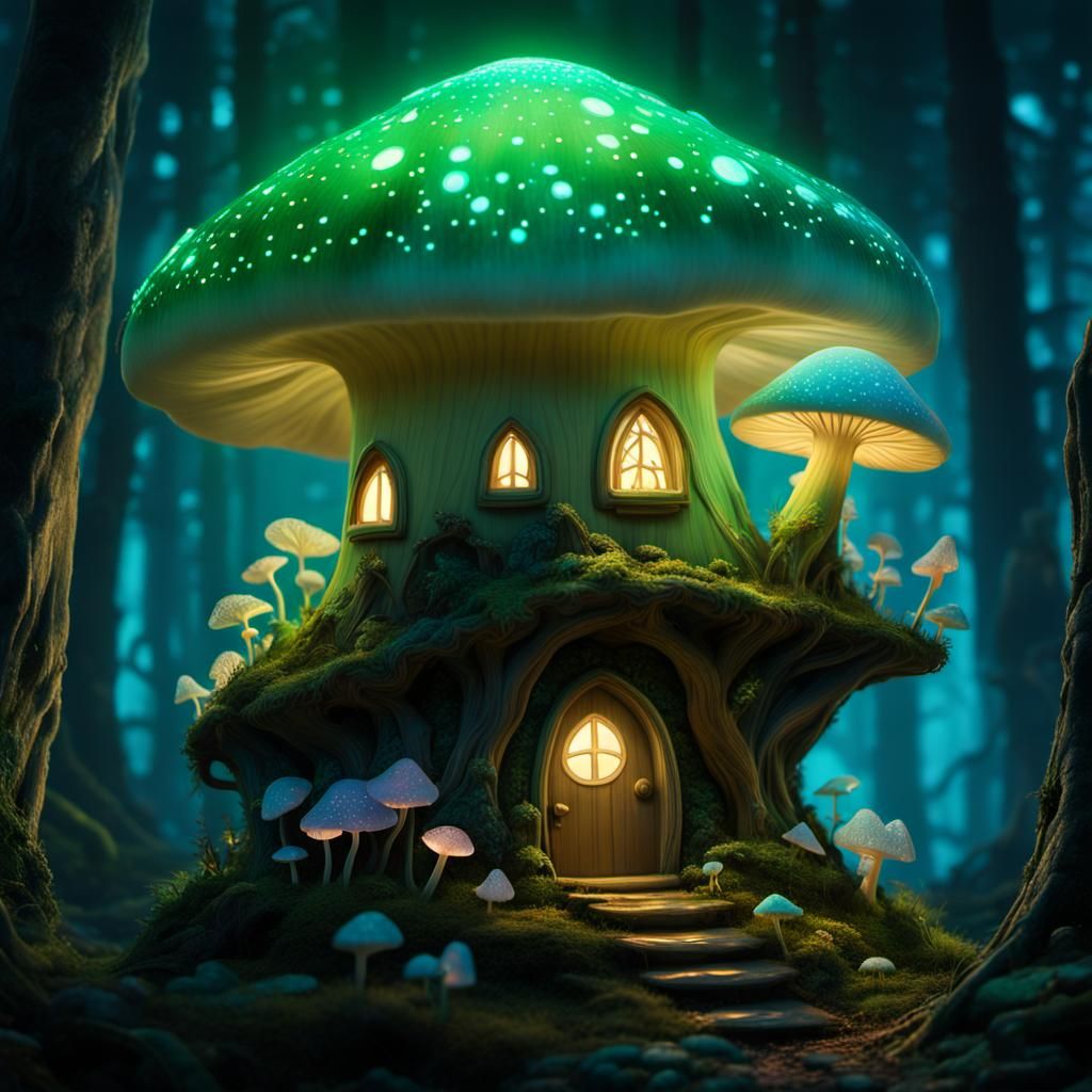 Luminescent Fairy House in Bioluminescent Forest