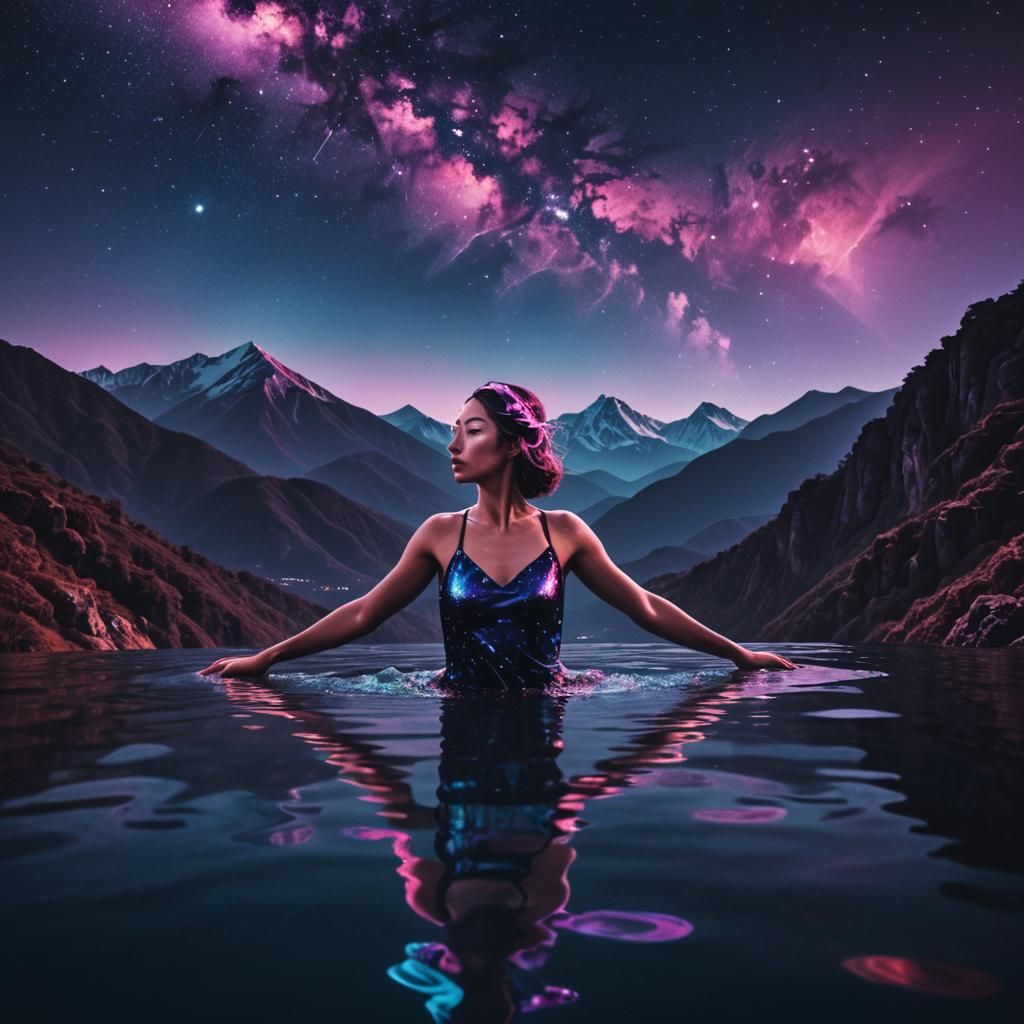 Surreal Woman Swims Mountain Under Starry Vaporwave Sky