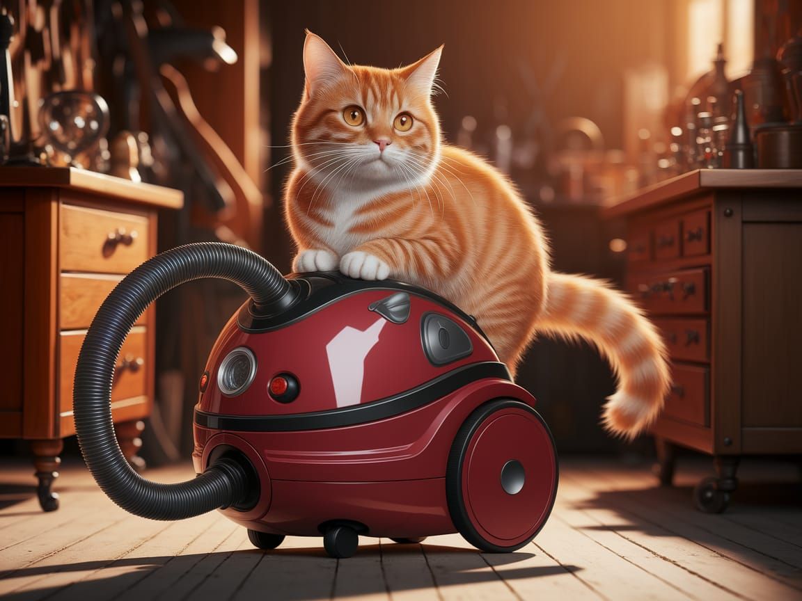 Ginger Cat Rides Vintage Vacuum in Comic Book Style