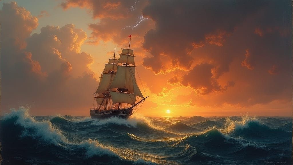 Tall Ship Battles Stormy Seas Under Fiery Sunset