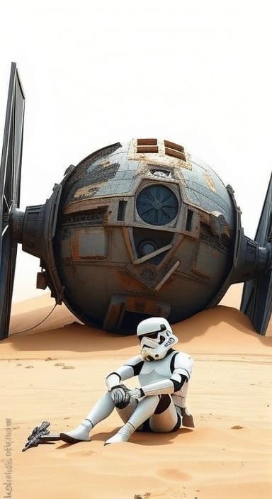 Stormtrooper Leaning on Wrecked TIE Fighter in Desert