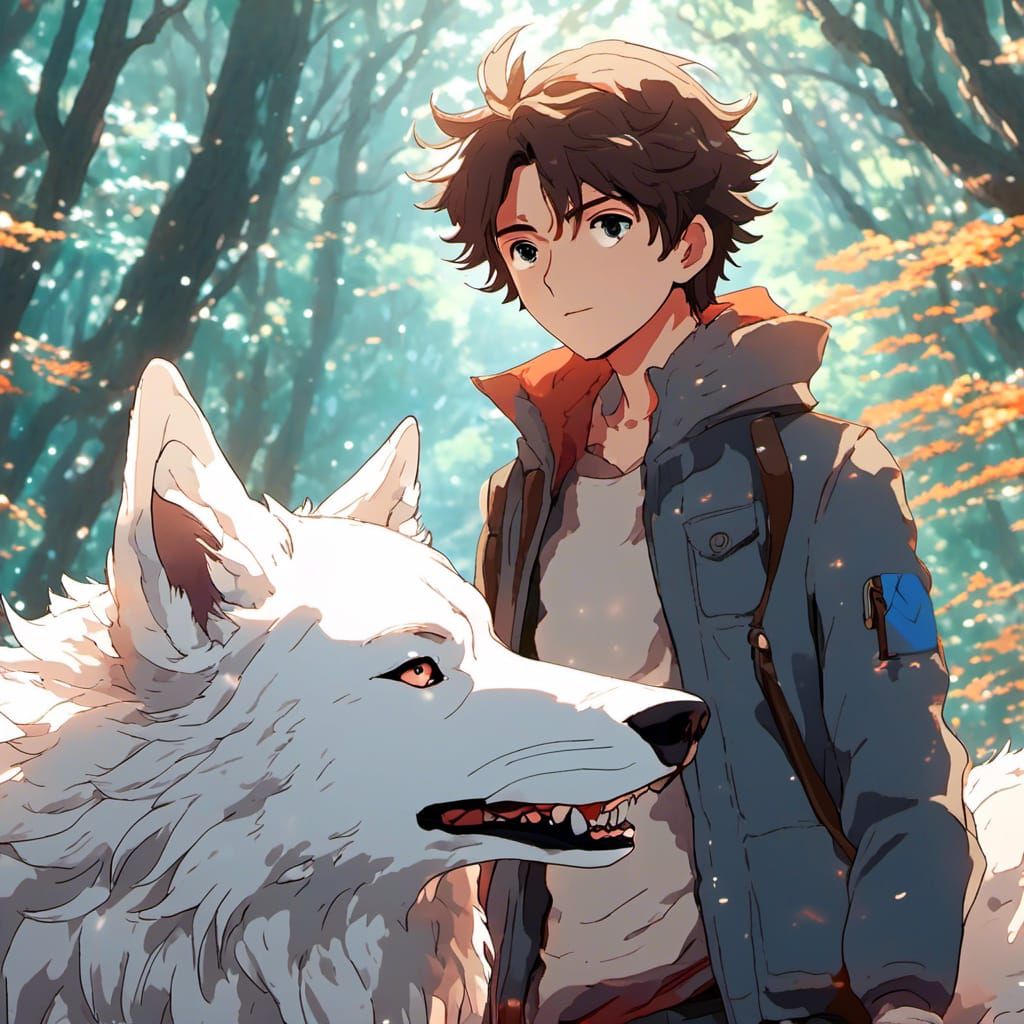 Boy and White Wolf: Studio Ghibli Anime Visual