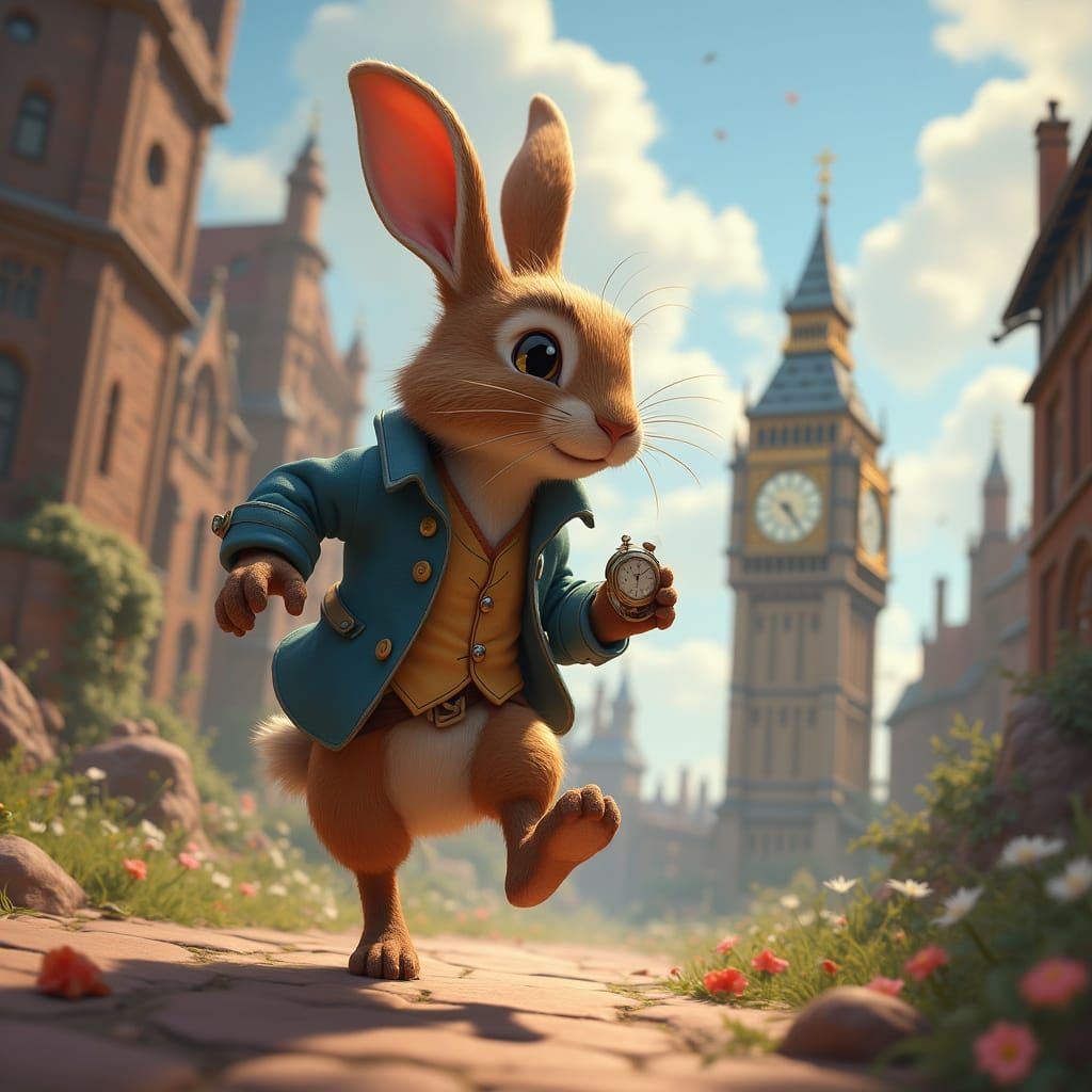 Alice in Wonderland Rabbit Running with Clock in 3D Anime Ar...