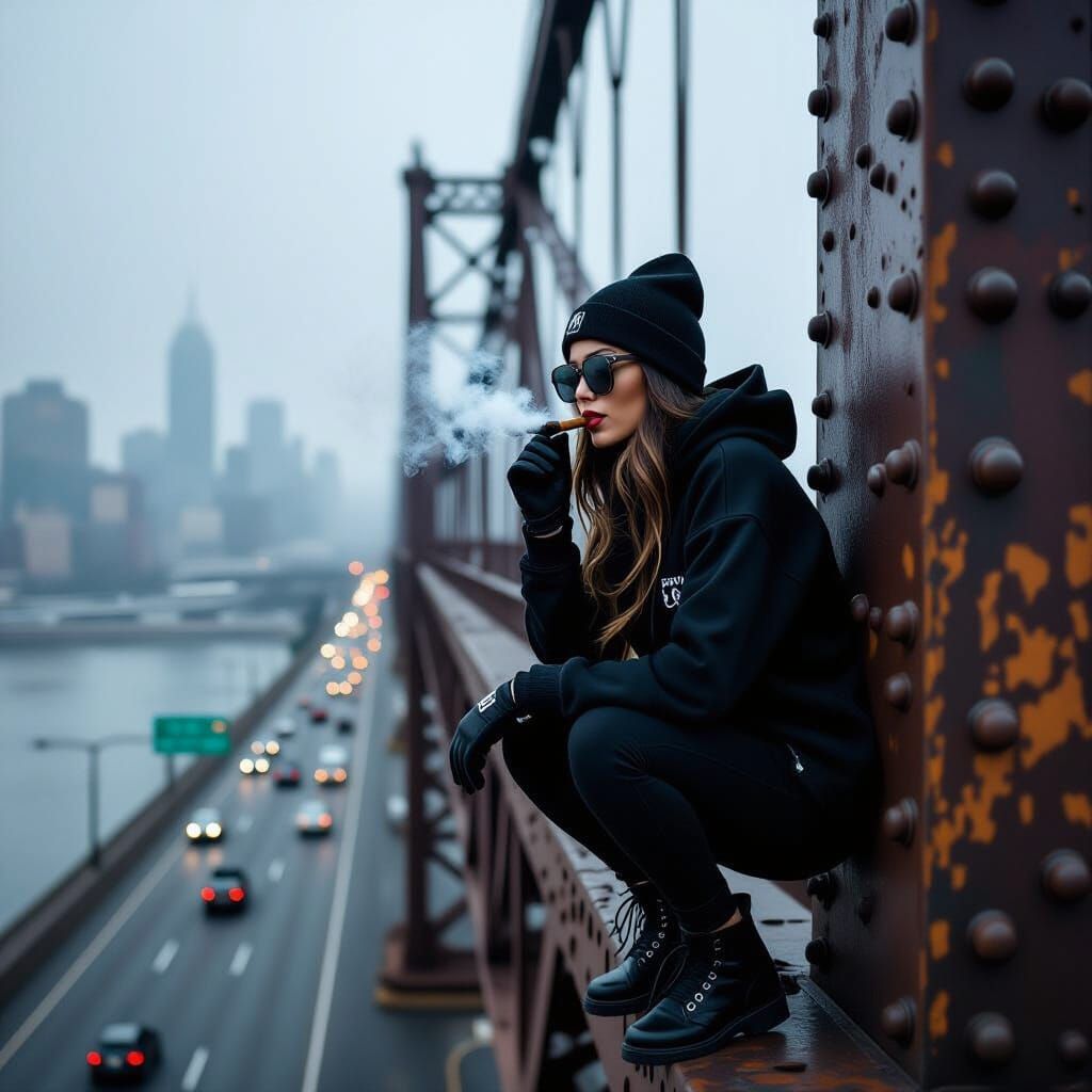 Woman in Black Streetwear Climbs Rusted Bridge Tower