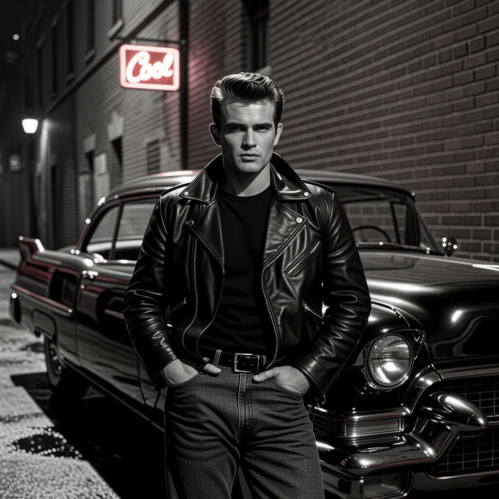 Greaser in Alleyway: 1950s Film Noir Style
