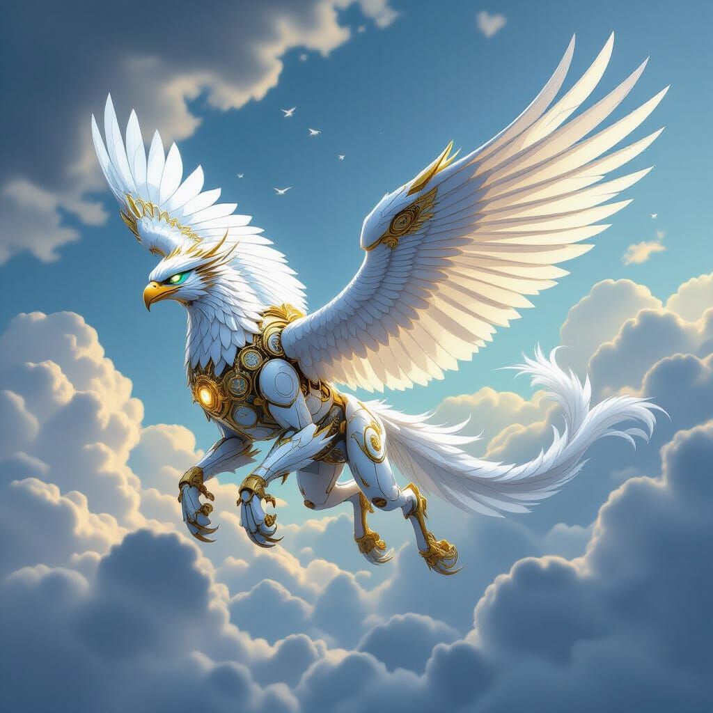 Mechanical Griffin Soaring Through Stormy Sky
