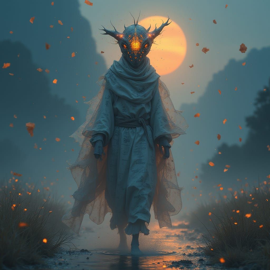 Masked Spirit in Twilight Dreamscape, Surreal Concept Art
