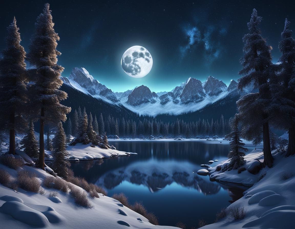 Snowy Mountains and Moonlit Lake: Fantasy Art