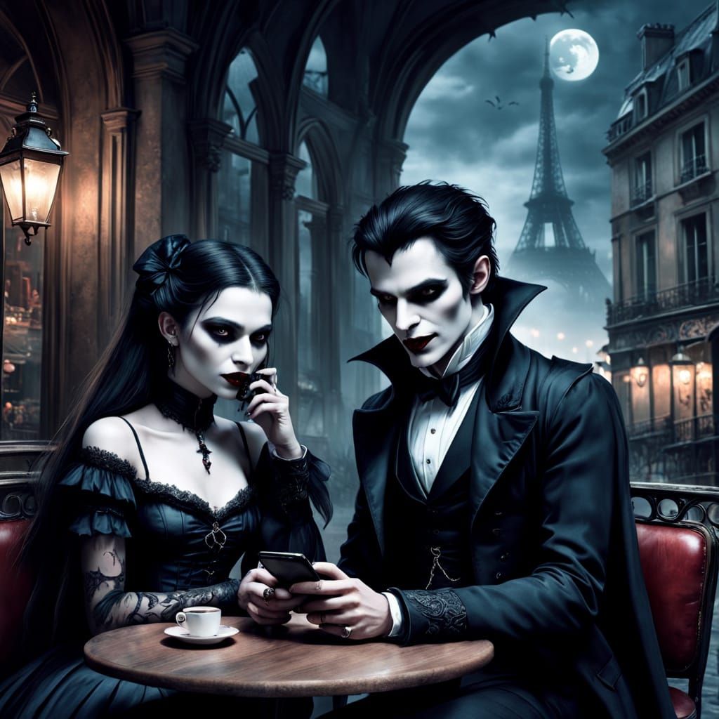 A fancy modern vampire couple are sitting at a cafe in france, you can slightly see their fangs, they are holding cell p...