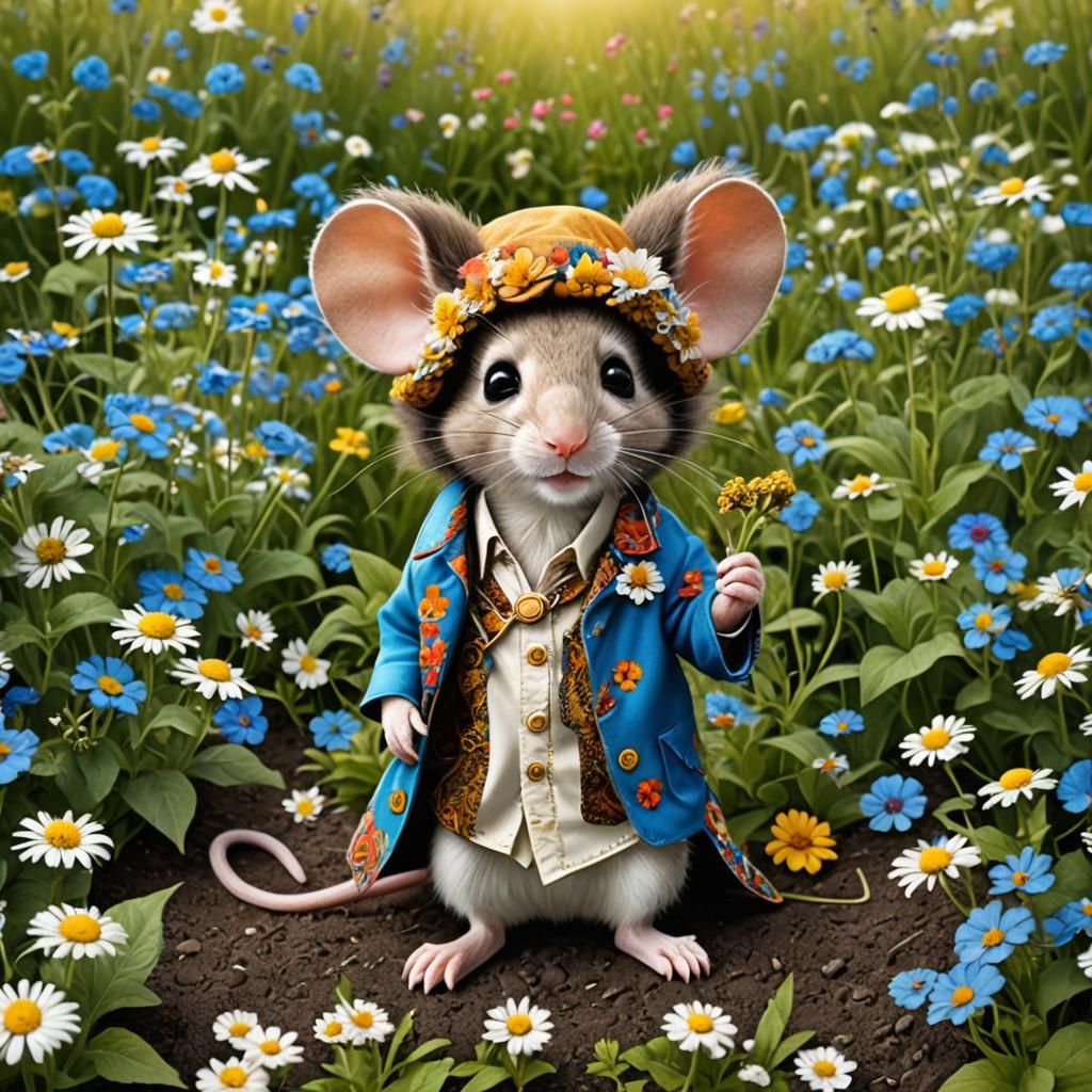 Adorable Mouse as Jimi Hendrix in Flower Field