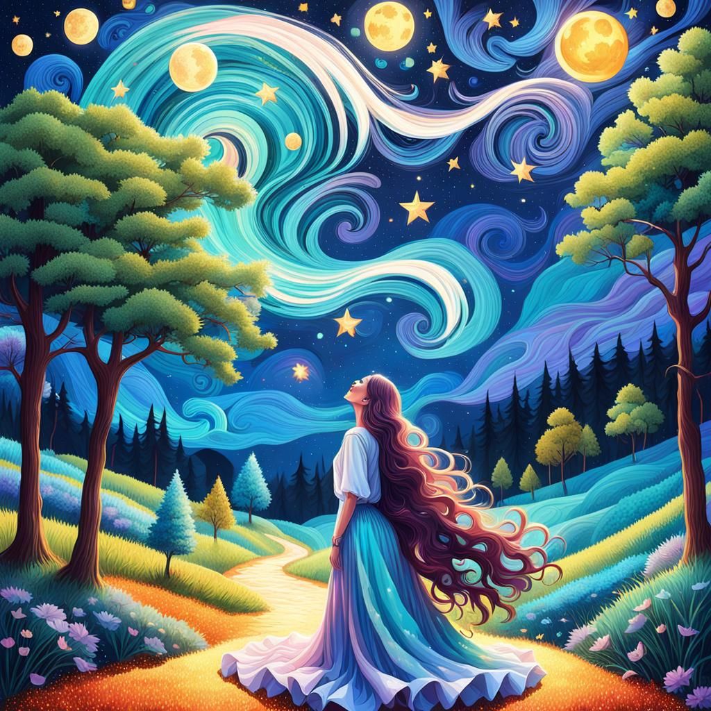 Woman in Starry Candyland: Digital Art Illustration