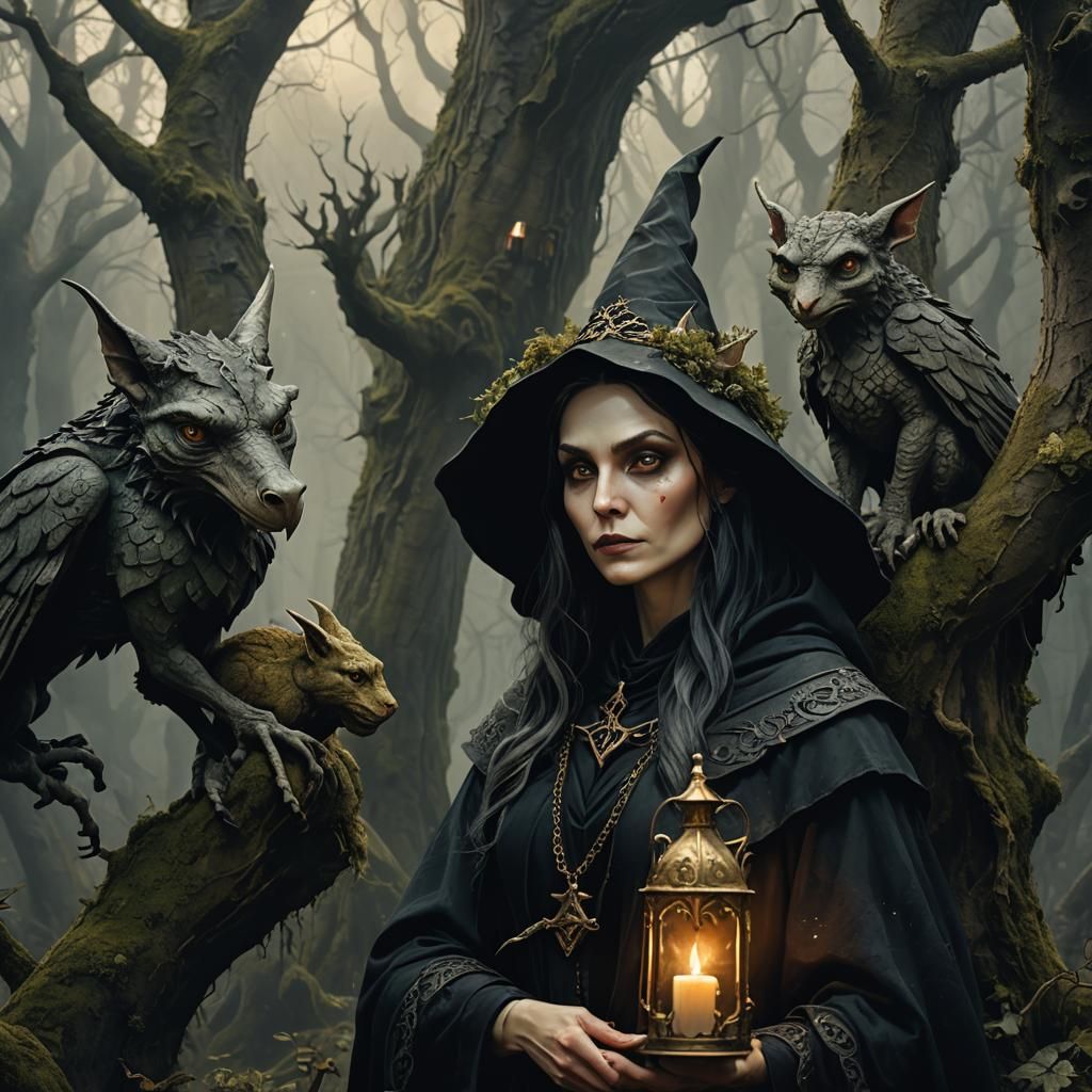 Witch and Gargoyle in Dark Fantasy Forest