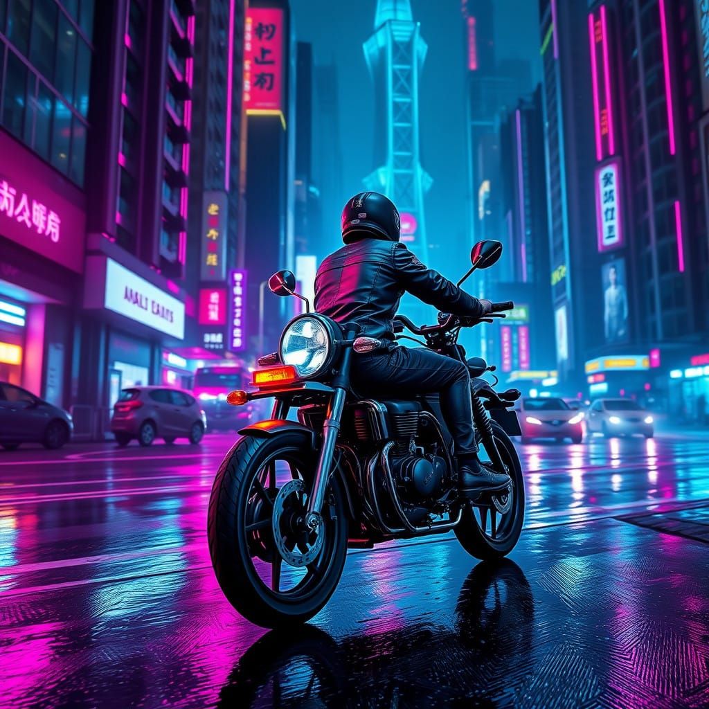 Neon Cyberpunk Cityscape with Biker and Motorbike