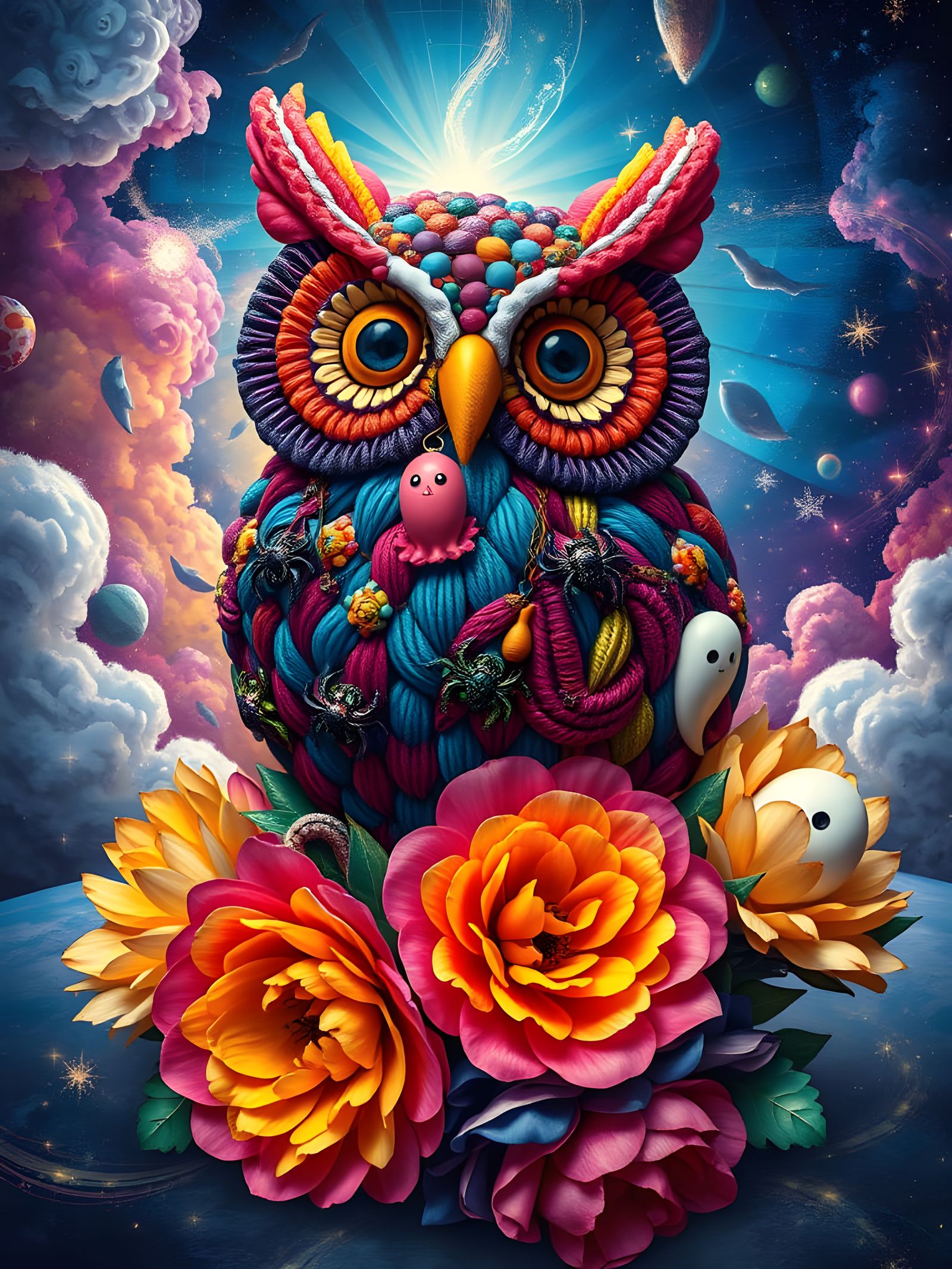 Whimsical Gothic Owl in Cosmic Bloom