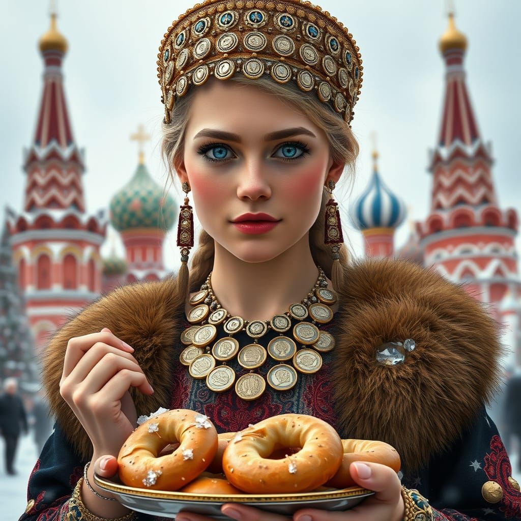 Majestic Russian Woman in Kokoshnik with St. Basil's Cathedr...