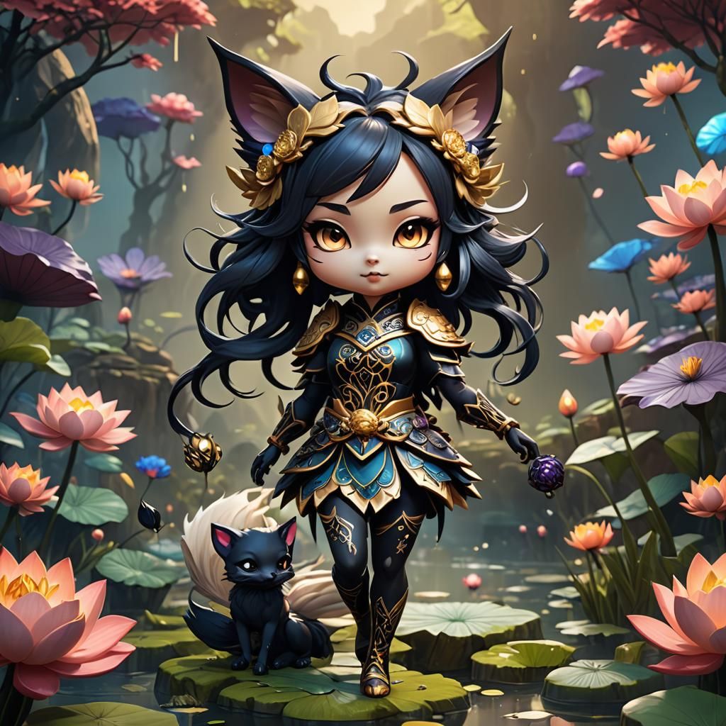 Chibi Black Lotus Kitsune Fairy in Detailed Digital Art