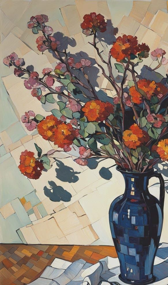 Austere Still Life in Chiaroscuro, Focusing on Floral Arrang...