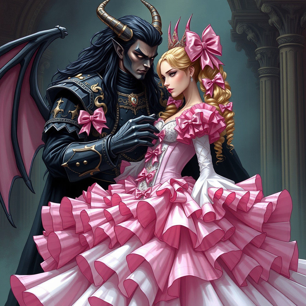 Demon King Adjusts Bride's Corset in Ornate Style