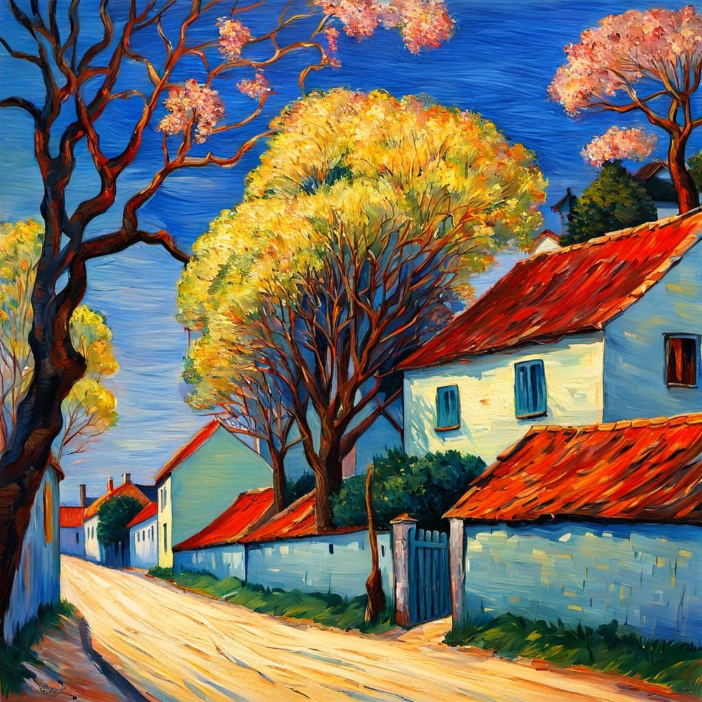 Impressionist Village Painting in Gouache Style